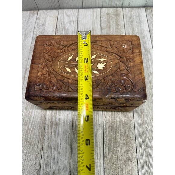 Vtg Wooden Jewelry Trinket Box Carved Inlay Flower Top Design 6 x  4 in India - Picture 10 of 10